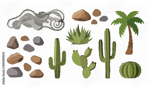 Cartoon sand desert elements tumbleweed cactus and rocks vector set