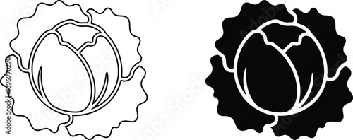 Black and white cabbage vegetable icon with leafy outline design isolated on transparent background