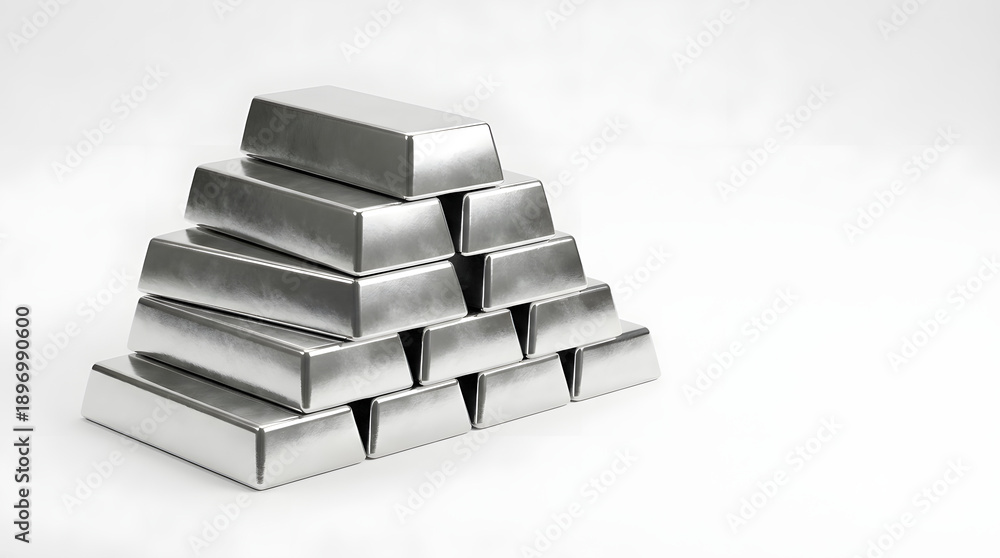 Fototapeta premium Stack of silver bullion bars isolated on white background