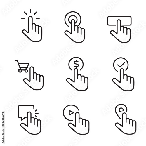 Set of icons representing online shopping, clicks, and interaction on digital platforms