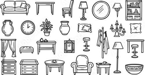 Black and White Line Art Icons Set: Home Furniture, Interior Decor, and Household Accessories. Outline Drawing Collection.