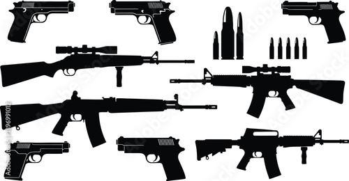 A collection of various gun silhouettes and ammunition on a white background silhouette