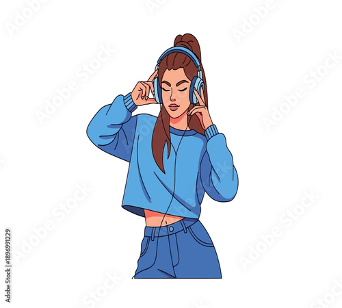 Trendy Attractive DJ Girl with Headphones Vector Illustration.
