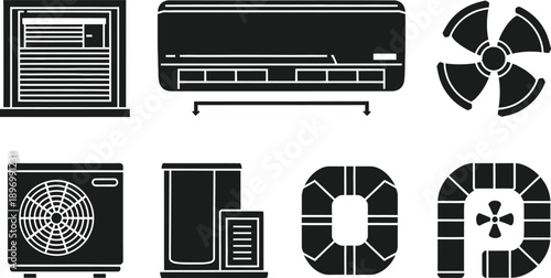 Air conditioner, HVAC and ventilation system silhouette icon set, vector illustration