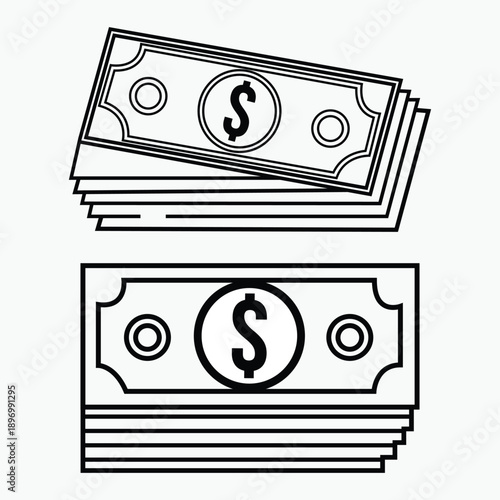 Stack of dollar banknotes outline icon set for business and finance.