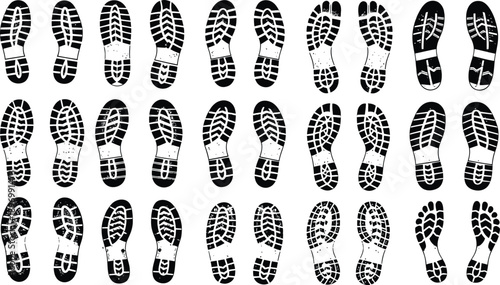 A collection of various shoe soles arranged in rows on a white background silhouette
