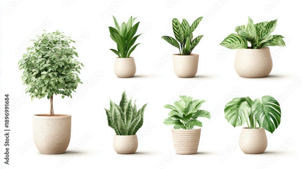 Fototapeta premium Collection of seven diverse potted houseplants arranged on a clean white background