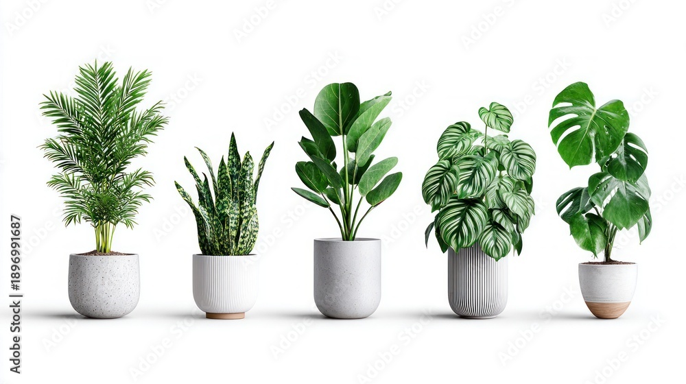 Fototapeta premium Collection of five potted houseplants with lush green foliage displayed against a white background