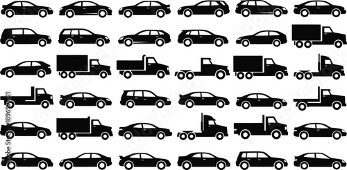 A collection of various vehicle silhouettes against a clean white background silhouette