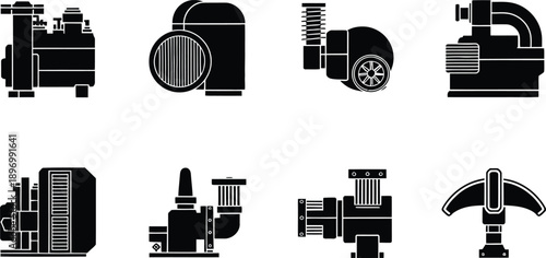 Industrial Water Pump and Machinery Silhouettes Set, Vector Mechanical Equipment Icons