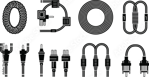 Set of cable and wire connection icons including power cords, electrical plugs, and coiled technical cables in flat vector