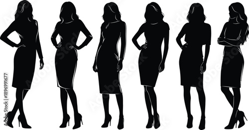 A group of confident business women in various poses in silhouette against a white background