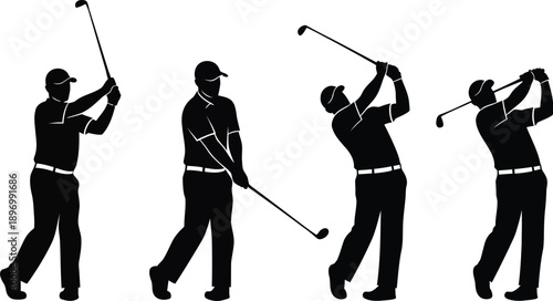 A golfer in silhouette swings a club in various stages of motion on a white background