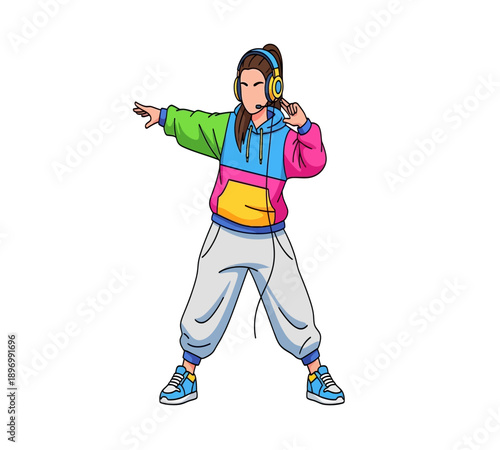 Trendy Attractive DJ Girl with Headphones Vector Illustration.
