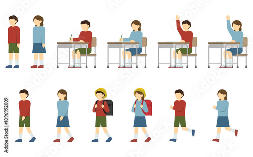 フラットイラスト：小学生男の子と女の子セット