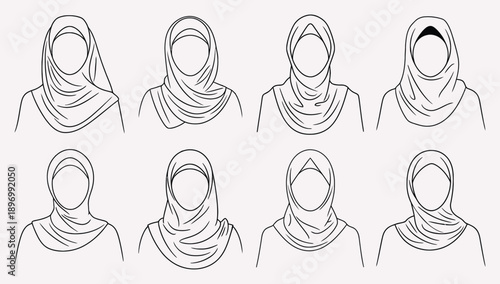 Muslim Woman Hijab Avatar Set Line Art Vector Illustration