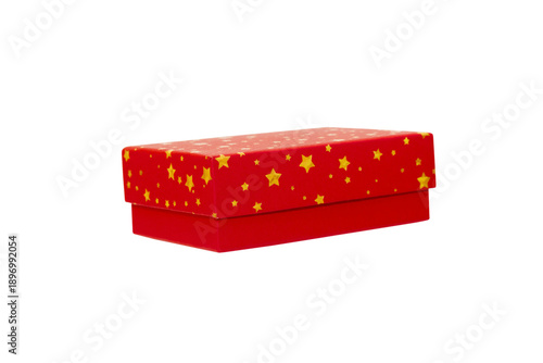 A Red Gift Box with Gold stars is Isolated White Background Cutout