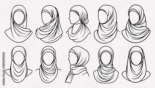 Muslim Woman Hijab Avatar Set Line Art Vector Illustration