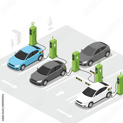 Isometric view of three electric vehicles charging at a public station in a parking lot, side perspective illustration