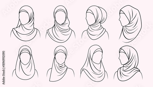 Muslim Woman Hijab Avatar Set Line Art Vector Illustration
