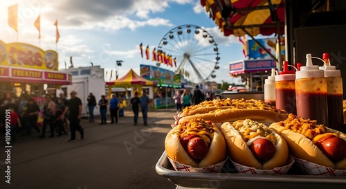 Delicious hot dogs on a tray at an outdoor festival with people walking around