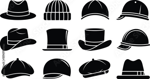 Set of black hat and cap silhouettes isolated on illustration