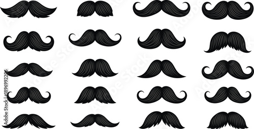A collection of various black mustache silhouettes on a white background in silhouette mode