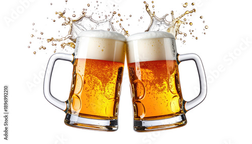 Two overflowing mugs of a golden beverage clink together. Bubbles cascade, creating a splash effect. The background is transparent