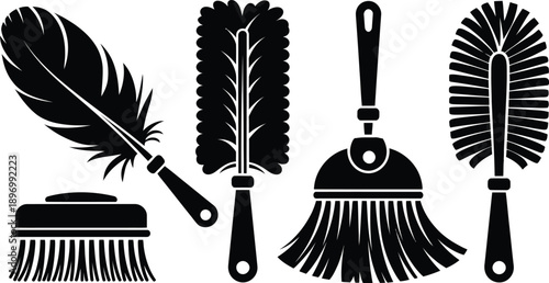 Cleaning tools silhouette icons set with duster, broom, and scrub brushes, vector illustration
