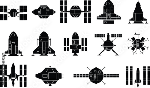 Spacecraft and Satellite Silhouette Icon Set Vector illustration