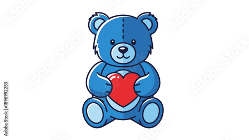 Blue Cartoon Teddy Bear Holding Red Heart.