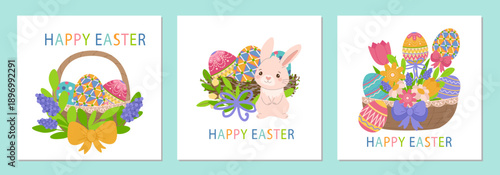 collection postcard Vibrant Easter vector illustration featuring a basket of decorated eggs with flowers and a cute bunny. Perfect for Easter-themed designs, greeting cards, and festive decorations.