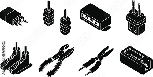 Isometric Electrical Tools, Wire Strippers, and Connectors Vector Icon Set