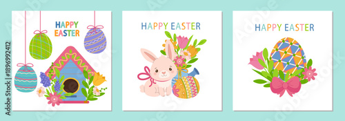 set Colorful Easter postcard, poster vector illustrations featuring a cheerful bunny with decorated eggs, floral arrangements, and festive text. Ideal for holiday cards and seasonal designs.