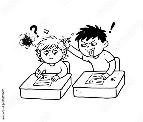 Line art illustration of a boy bullying his classmate in school. A student is distracted by a peer while trying to write, depicting classroom conflict and social issues.