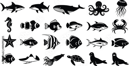 A collection of ocean creatures in silhouette against a white background