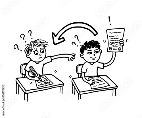 Black and white doodle style drawing of two students in a classroom, with one child looking at the other's test paper. Conceptual art for academic dishonesty and school pressure.