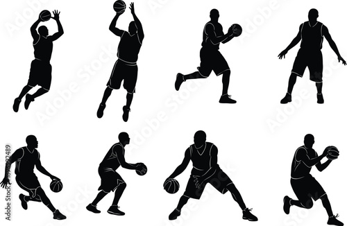 A basketball player in various poses, showcasing skills and movements in silhouette