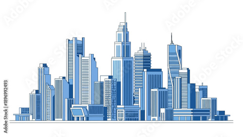 Blue City Skyline with Skyscrapers and Buildings.