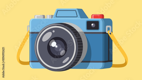 Blue Digital Camera with Lens and Strap.