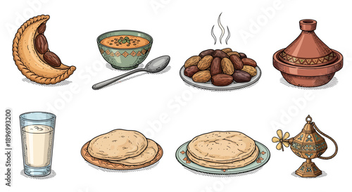 Hand Drawn Iftar Food Set for Ramadan, Middle Eastern Cuisine Illustration with Dates, Soup, Tajine and Lantern