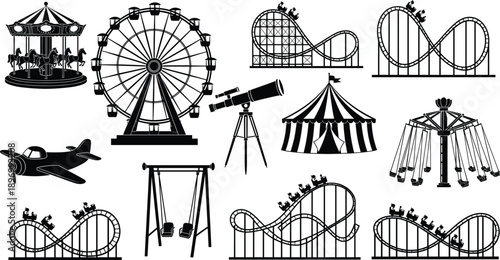 Amusement Park Silhouette Vector Illustration Set with Roller Coasters, Ferris Wheel, Carousel, Circus Tent, Rides, and Carnival Entertainment Elements