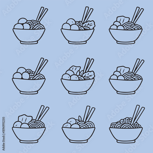 Set of nine delicious bowls of noodles with chopsticks, vector illustration
