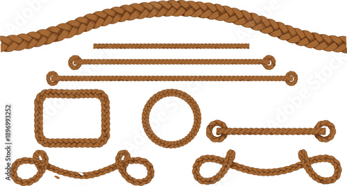 Braided Rope Frames and Borders Vector Illustration Set with Knotted Rope Shapes, Decorative Lines, Circles, and Nautical Design Elements