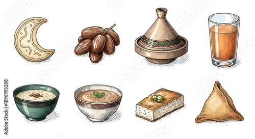Hand drawn middle eastern food set for ramadan and iftar celebration