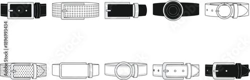 Belt Buckle Vector Illustration Set with Classic and Modern Waist Belts in Line Art Style for Fashion Accessories, Clothing Design, and Apparel Graphics