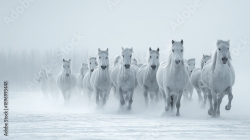 A dynamic herd of powerful white horses running with freedom and speed through a snowy winter forest landscape.