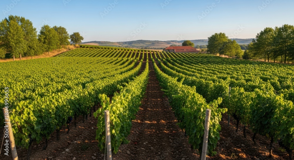Fototapeta premium Sunlit vineyard with lush green grapevines at dusk.