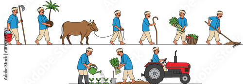 Traditional Farming and Agriculture Work Vector Illustration with Farmers Planting, Harvesting Crops, Using Tools, Animals, and Tractor for Rural Life Concepts