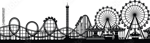 Amusement Park Silhouette Vector Illustration with Roller Coasters, Ferris Wheels, Rides, and Carnival Attractions for Entertainment and Theme Park Design Concepts
